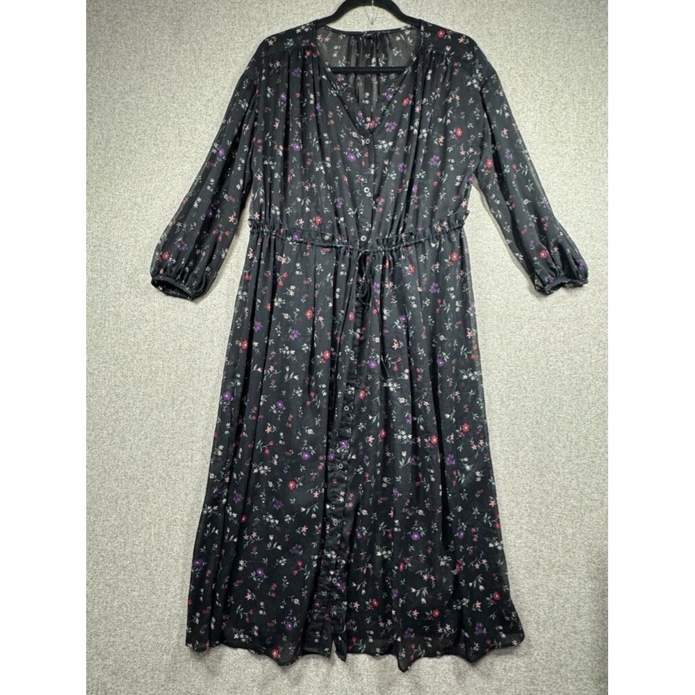 UNiqlo Dress Women Sz Large Black Floral CHIFFON pleated Sheer No Liner C Claire